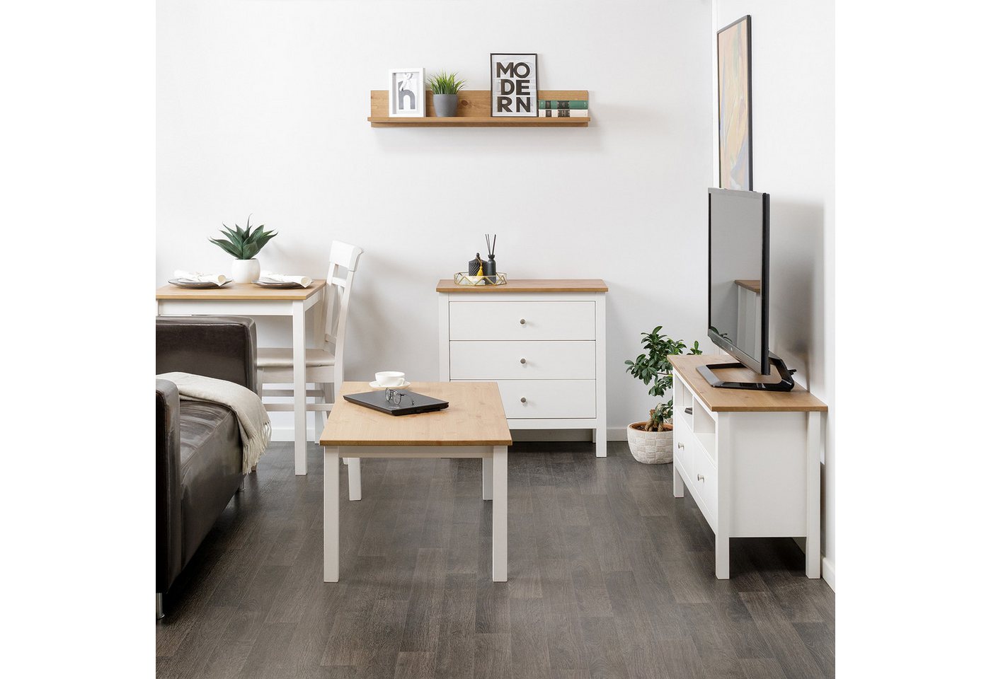 hagge home Esstisch hagge home Vesa, Küchentisch klein Kiefernholz massiv 68 x 68 x 75 cm Weiß-Braun – Bild 3 von 5