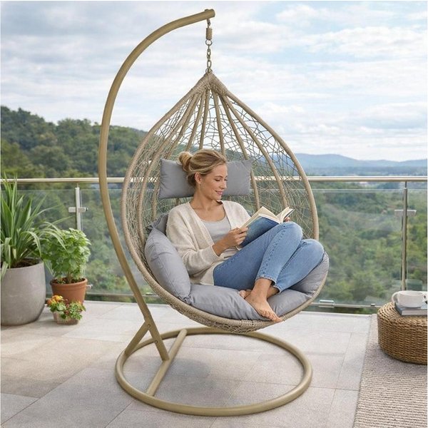 ESTEXO Hängesessel mit Gestell Polyrattan Hängekorb Rattan Hängestuhl Beige / Grau