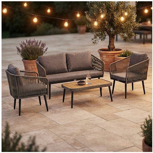 ESTEXO Sitzgruppe Gartenmöbel Set Rope Essgruppe Outdoor Gartenbank Gartentisch Grau