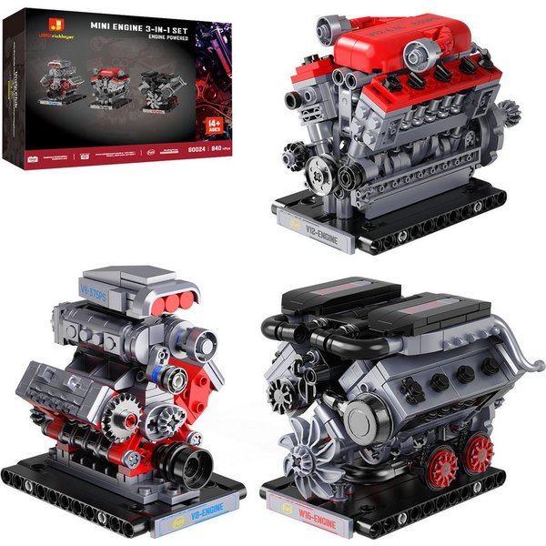 Esun 3 in 1 Mini Motor Bausatz, Technik V8 V12 W16 Engine Klemmbausteine Spielbausteine, (Set, 840 St., Komplettset), Stem Motor Funktionsfähig Baukasten Dekor 