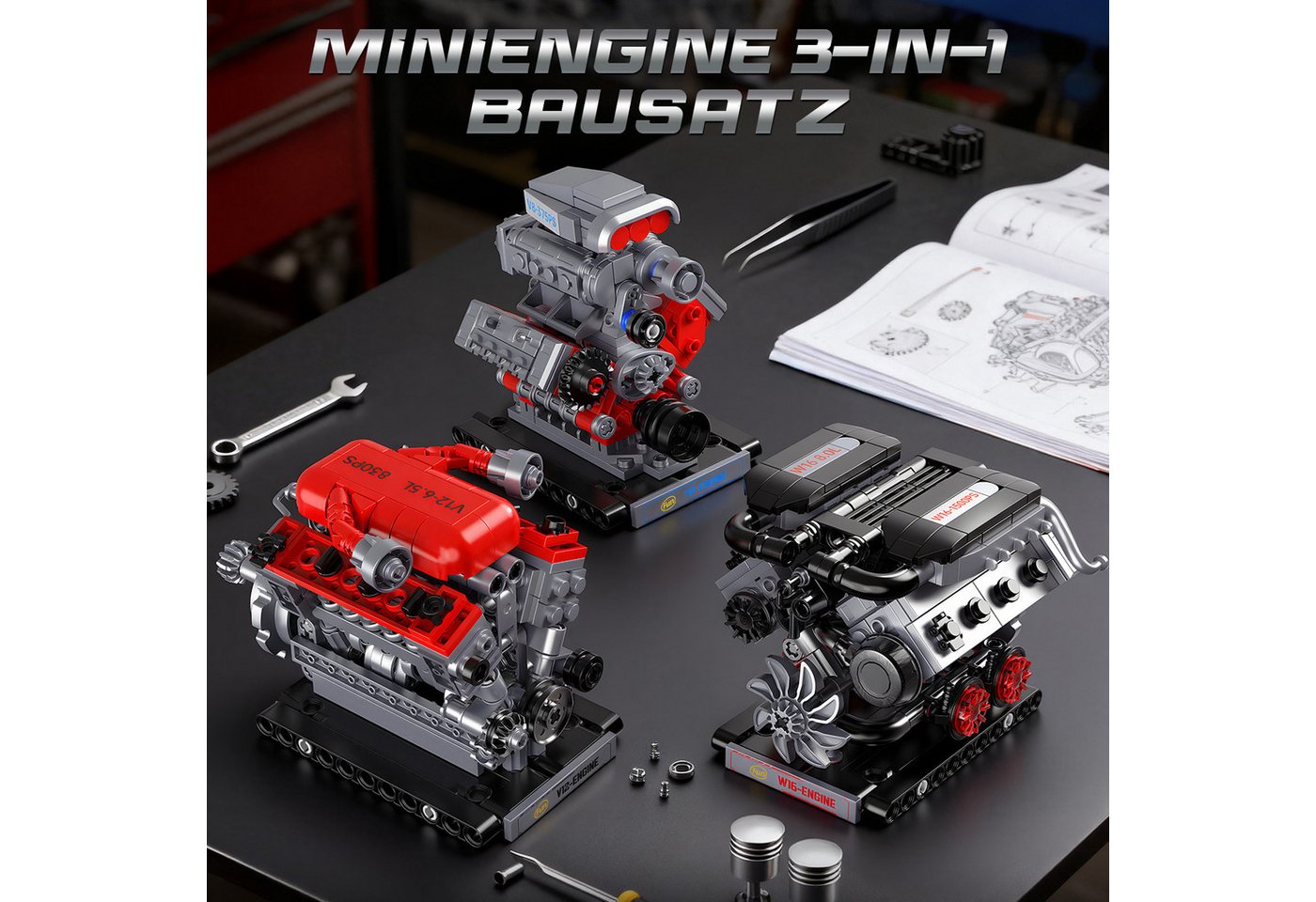 Esun 3 in 1 Mini Motor Bausatz, Technik V8 V12 W16 Engine Klemmbausteine Spielbausteine, (Set, 840 St., Komplettset), Stem Motor Funktionsfähig Baukasten Dekor  – Bild 2 von 5