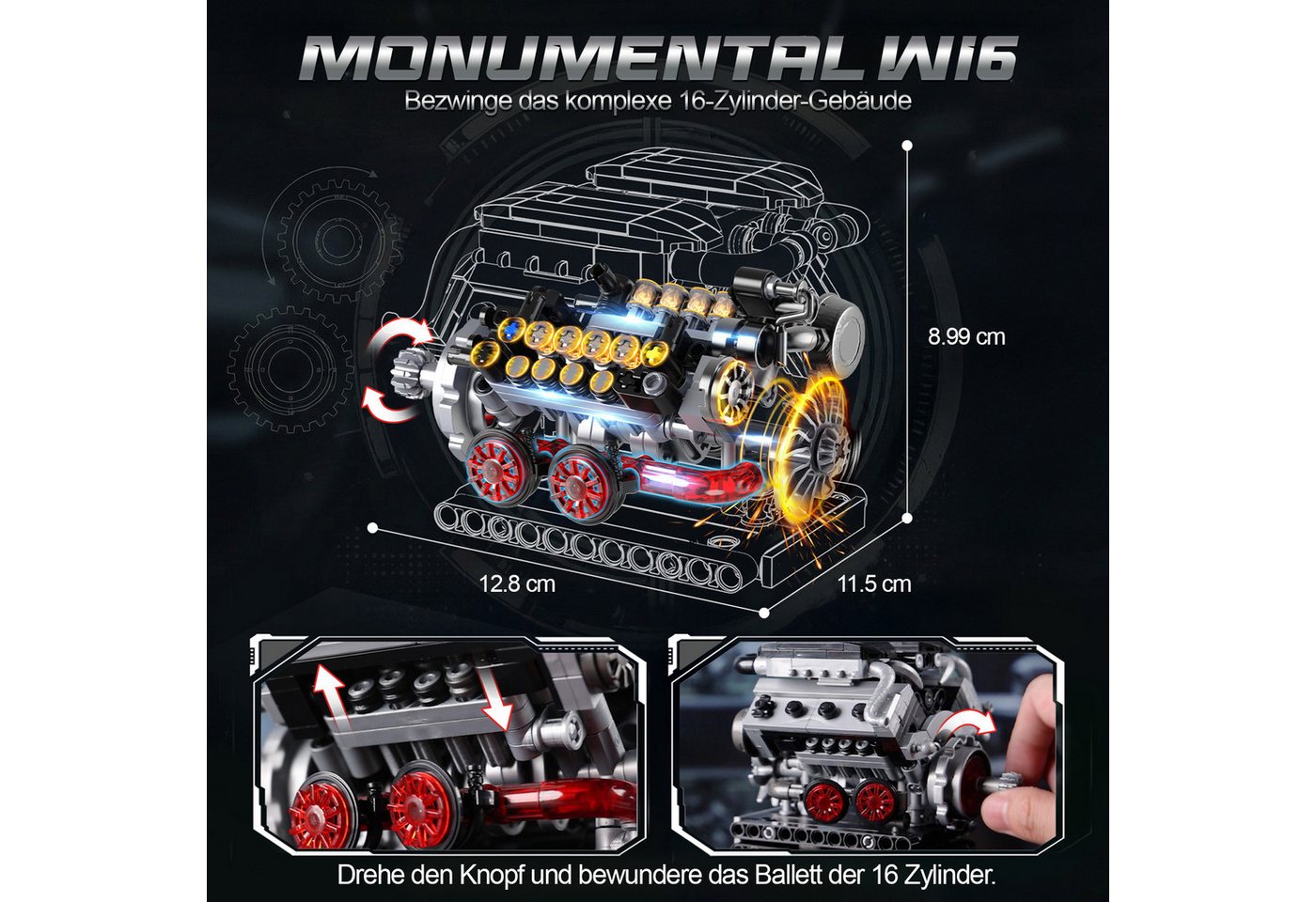 Esun 3 in 1 Mini Motor Bausatz, Technik V8 V12 W16 Engine Klemmbausteine Spielbausteine, (Set, 840 St., Komplettset), Stem Motor Funktionsfähig Baukasten Dekor  – Bild 4 von 5