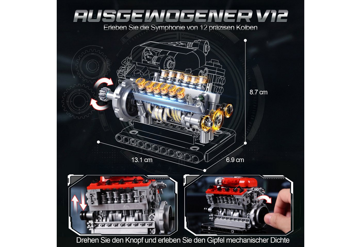 Esun 3 in 1 Mini Motor Bausatz, Technik V8 V12 W16 Engine Klemmbausteine Spielbausteine, (Set, 840 St., Komplettset), Stem Motor Funktionsfähig Baukasten Dekor  – Bild 5 von 5