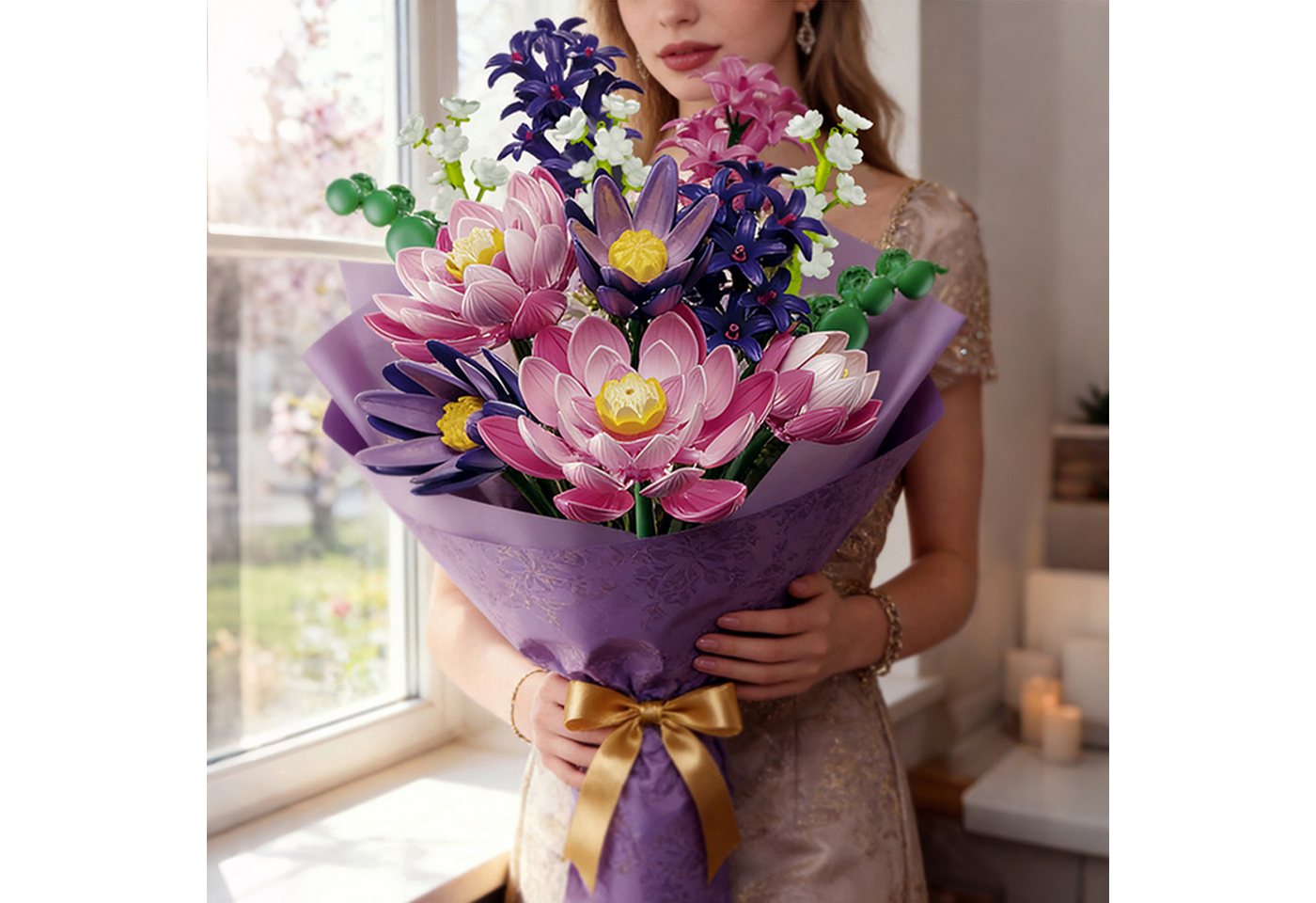 Esun Lotusblumen Botanisches Bauset, Klemmbausteine Blumen 456 St. Rosa Spielbausteine, (Set, 456 St., Komplettset), Home Deko Flower Muttertag Geburtstag Valen – Bild 2 von 5