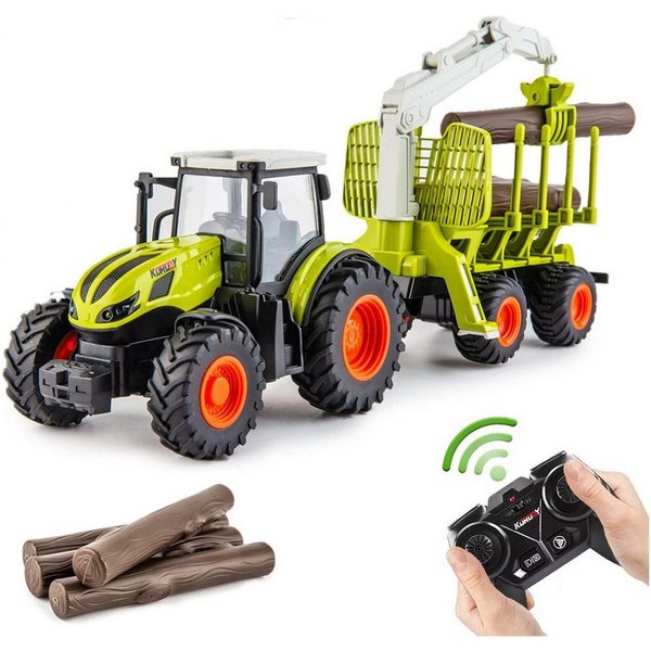 Esun RC-Traktor Ferngesteuerter Traktor Ferngesteuert, RC Traktor mit Anhänger (Set, Komplettset), Holzgreifer, 4 Holzstreifen, LKW spielzeug ab 3 4 5 6 jahre
