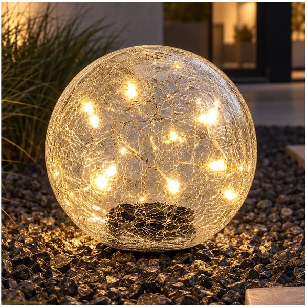 etc-shop Kugelleuchte, LED-Leuchtmittel fest verbaut, Warmweiß, Solarleuchte Kugel Steckleuchte Crackle Glas Gartenleuchte LED D 15 cm