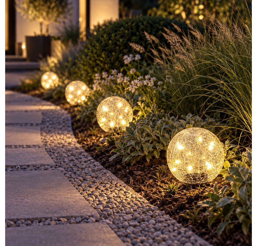 etc-shop Kugelleuchte, LED-Leuchtmittel fest verbaut, Warmweiß, Solarleuchte Kugel Steckleuchte Crackle Glas Gartenleuchte LED D 15 cm – Bild 3 von 5