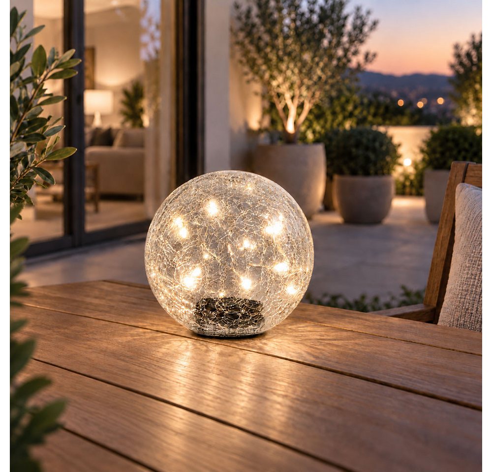 etc-shop Kugelleuchte, LED-Leuchtmittel fest verbaut, Warmweiß, Solarleuchte Kugel Steckleuchte Crackle Glas Gartenleuchte LED D 15 cm – Bild 4 von 5