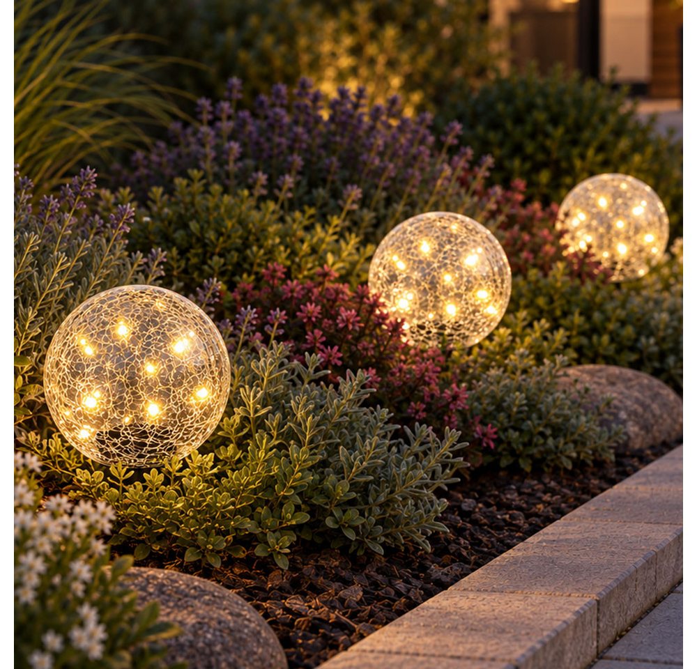 etc-shop Kugelleuchte, LED-Leuchtmittel fest verbaut, Warmweiß, Solarleuchte Kugel Steckleuchte Crackle Glas Gartenleuchte LED D 15 cm – Bild 5 von 5