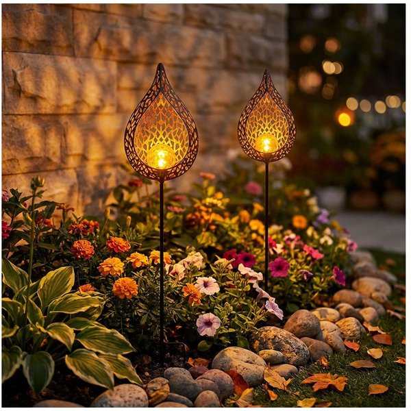 etc-shop LED Solarleuchte, LED-Leuchtmittel fest verbaut, Warmweiß, 2er Set LED Solar Außen Lampe Flammen Optik Glas Kugel Steck Strahler