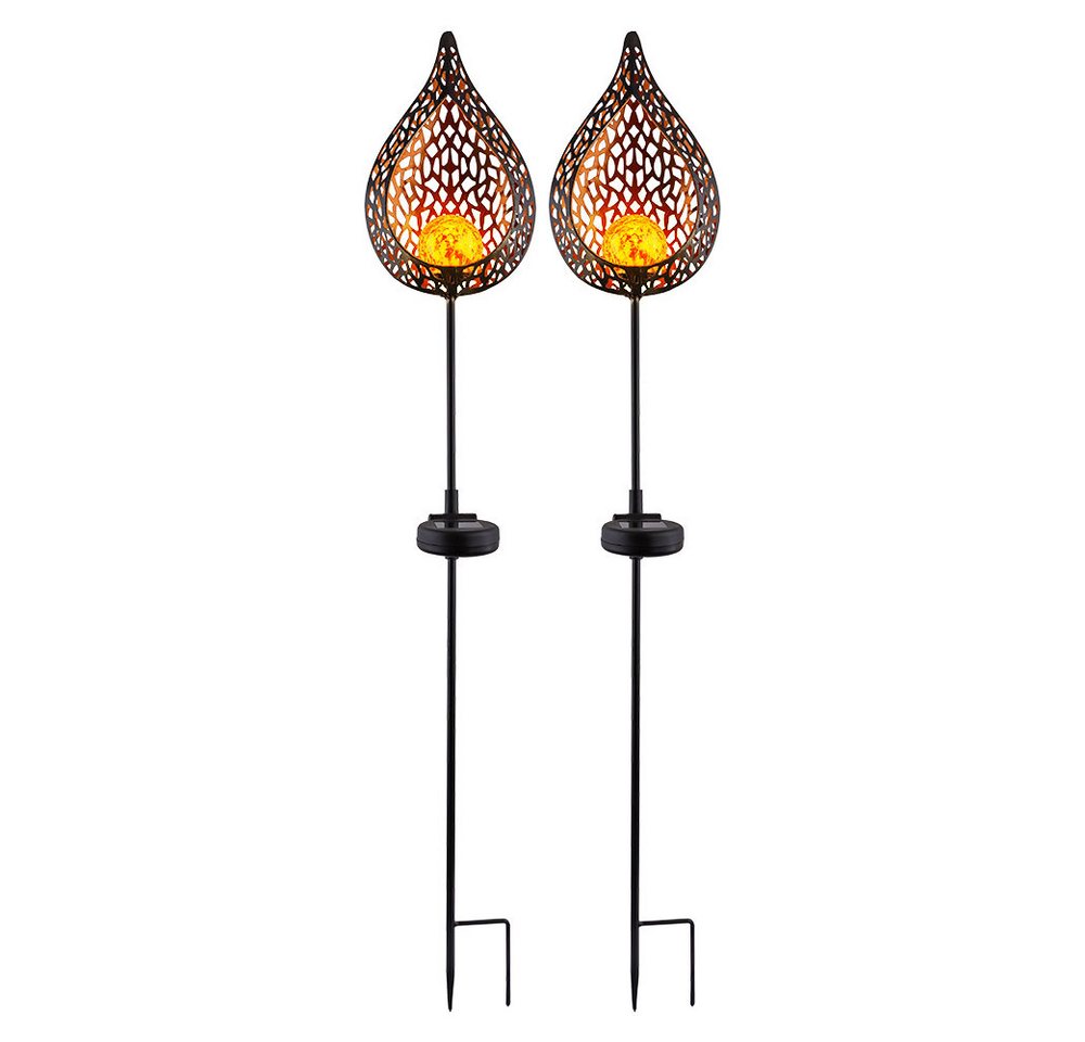 etc-shop LED Solarleuchte, LED-Leuchtmittel fest verbaut, Warmweiß, 2er Set LED Solar Außen Lampe Flammen Optik Glas Kugel Steck Strahler – Bild 2 von 5
