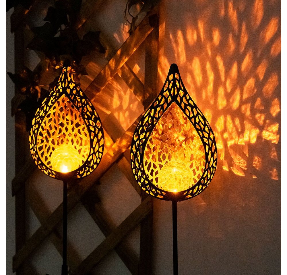 etc-shop LED Solarleuchte, LED-Leuchtmittel fest verbaut, Warmweiß, 2er Set LED Solar Außen Lampe Flammen Optik Glas Kugel Steck Strahler – Bild 3 von 5