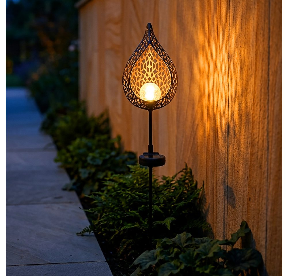 etc-shop LED Solarleuchte, LED-Leuchtmittel fest verbaut, Warmweiß, 2er Set LED Solar Außen Lampe Flammen Optik Glas Kugel Steck Strahler – Bild 4 von 5