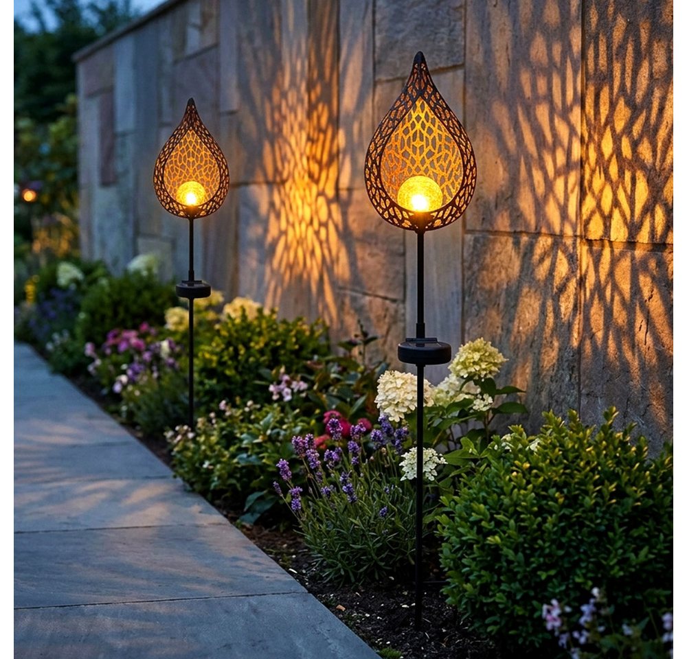 etc-shop LED Solarleuchte, LED-Leuchtmittel fest verbaut, Warmweiß, 2er Set LED Solar Außen Lampe Flammen Optik Glas Kugel Steck Strahler – Bild 5 von 5