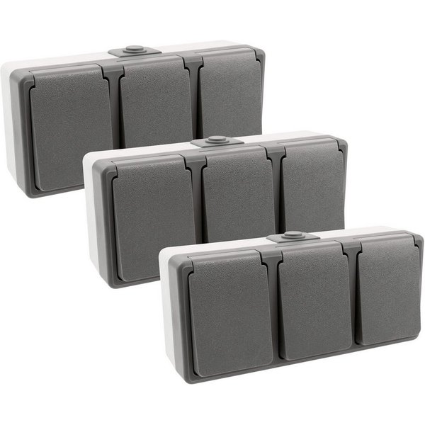ETT Marketing GmbH Aufputz-Steckdose 3er Set SECURE Feuchtraum Dreifach Steckdose horizontal IP44 Aufputz, 3-St., nicht vorverdrahtet, Schraubkontakte