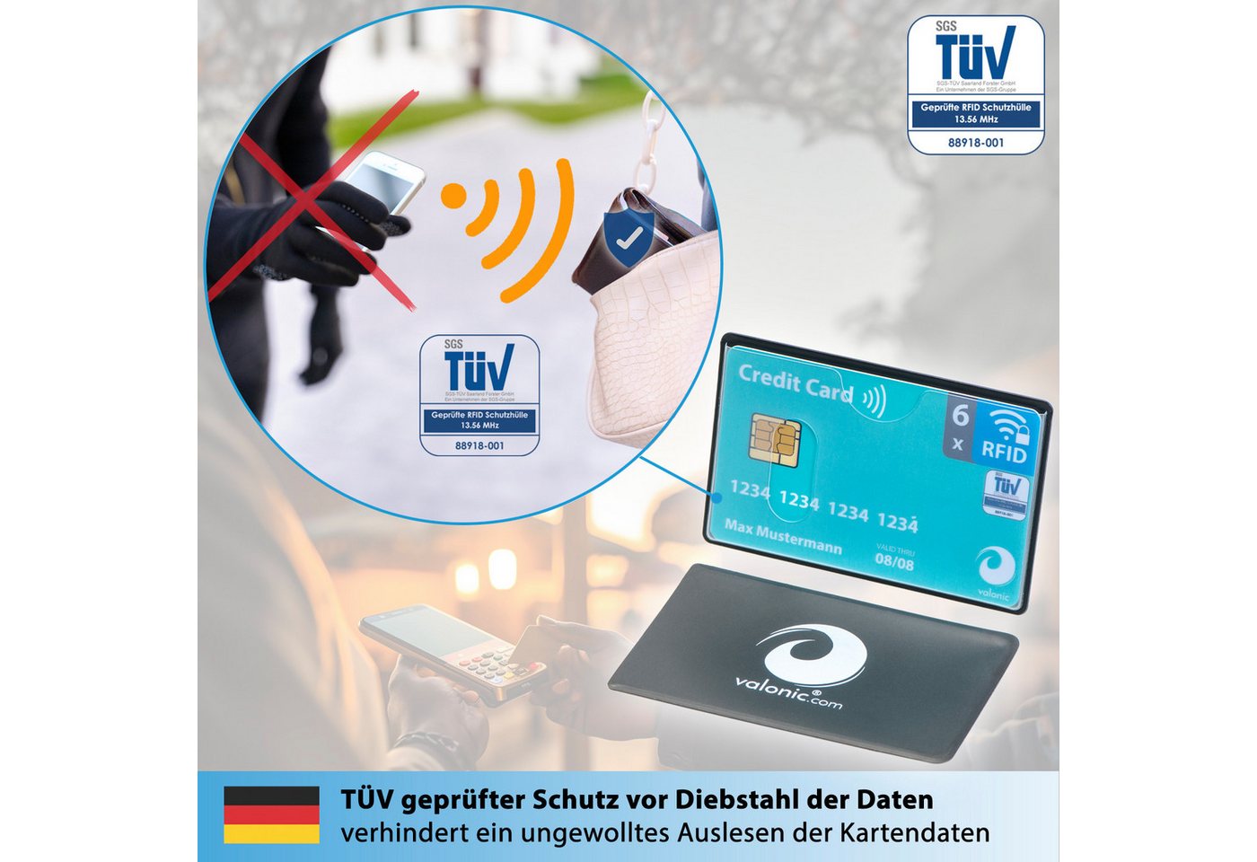 valonic Etui valonic - Kreditkartenhüllen RFID-Block 6 Stück Einschub oben 59 x 91 mm, transparent, abgeschirmt, RFID NFZ Schutz, Kreditkarte, Scheckkarte – Bild 2 von 5