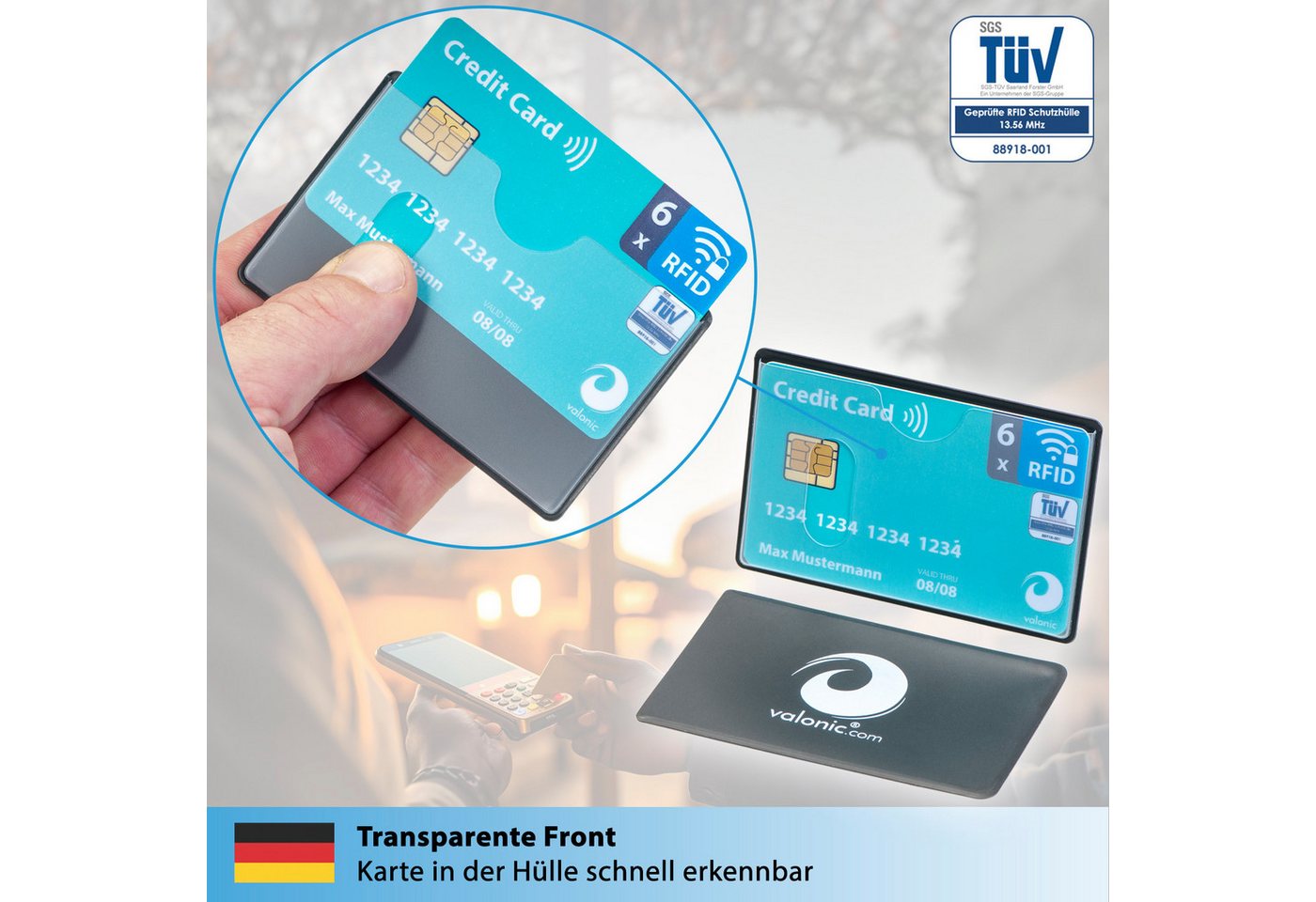 valonic Etui valonic - Kreditkartenhüllen RFID-Block 6 Stück Einschub oben 59 x 91 mm, transparent, abgeschirmt, RFID NFZ Schutz, Kreditkarte, Scheckkarte – Bild 3 von 5