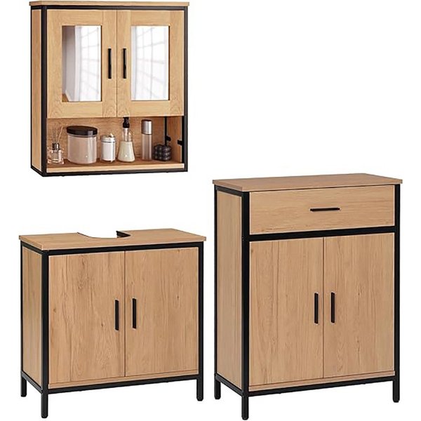 EUGAD Badmöbel-Set, (3-St), mit 2 Spiegeln, aus Holzwerkstoff, Helle Eiche+Schwarz