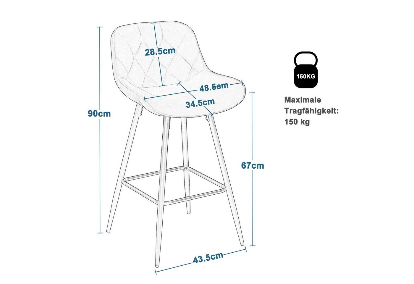 EUGAD Barhocker (2 St), Samt Barstühle, ergonomisch, mit Metallbeinen, Fußstütze – Bild 3 von 5