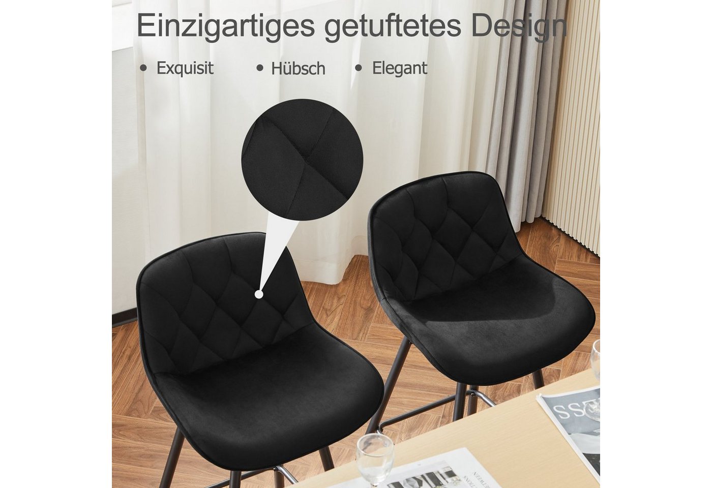 EUGAD Barhocker (2 St), Samt Barstühle, ergonomisch, mit Metallbeinen, Fußstütze – Bild 5 von 5