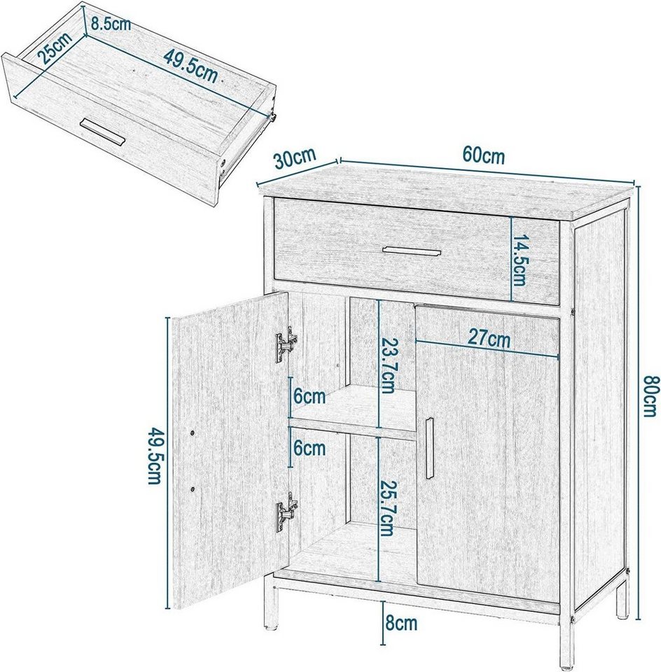 EUGAD Beistellschrank mit verstellbarem Regal, 1 Schublade 2 Türen 60x80x30cm – Bild 3 von 5