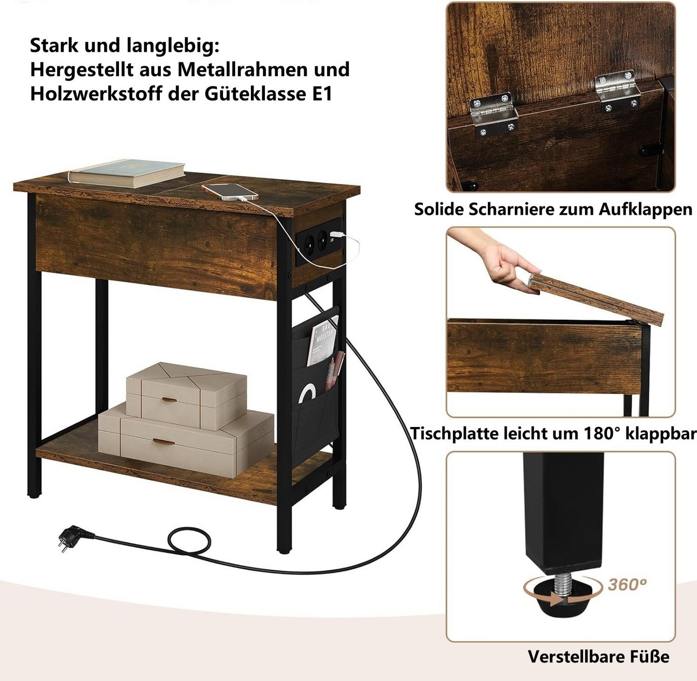 EUGAD Couchtisch (1-St), Beistelltisch mit Ladefunktion&Stauraum, klappbar – Bild 5 von 5
