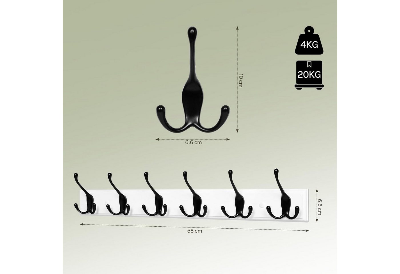 EUGAD Garderobenhaken (1 St), Kleiderhaken Wand, mit 6 Dreifachhaken, Schwarz – Bild 3 von 5