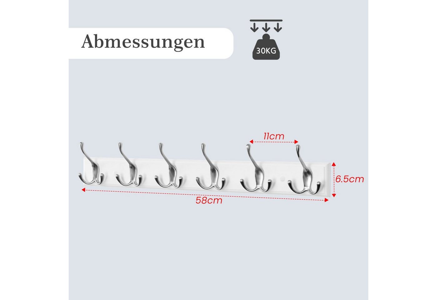 EUGAD Garderobenhaken (2 St), Kleiderhaken Wand, mit 6 Dreifachhaken, Weiß, silbern – Bild 3 von 5
