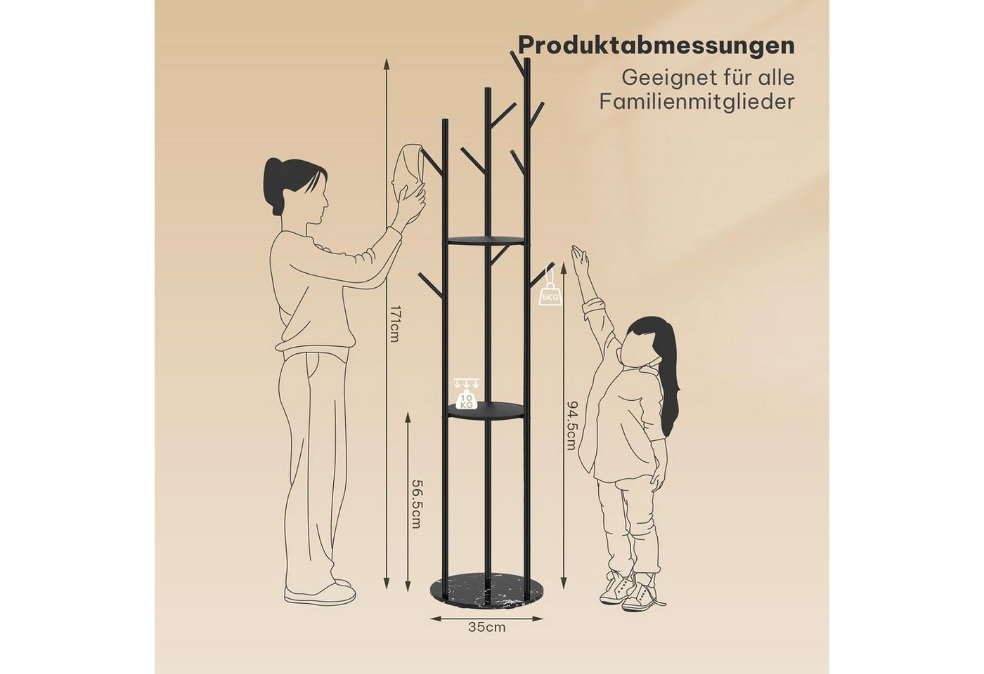 EUGAD Garderobenständer, (1 St), Baumform Kleiderständer mit 3 Ablagen Marmorbasis – Bild 2 von 5
