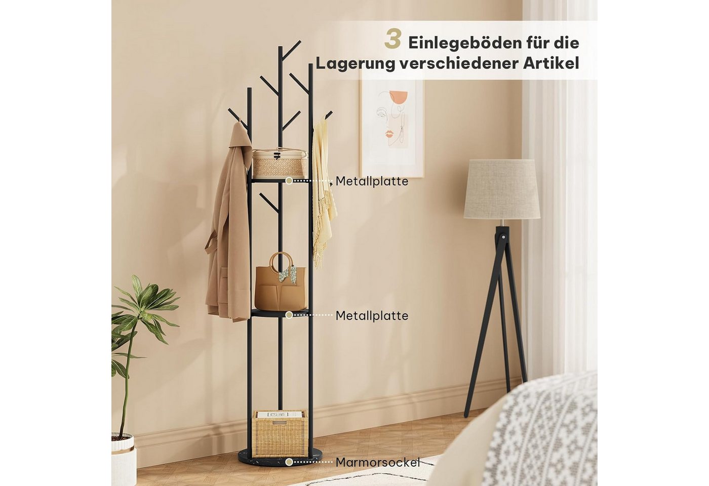 EUGAD Garderobenständer, (1 St), Baumform Kleiderständer mit 3 Ablagen Marmorbasis – Bild 4 von 5