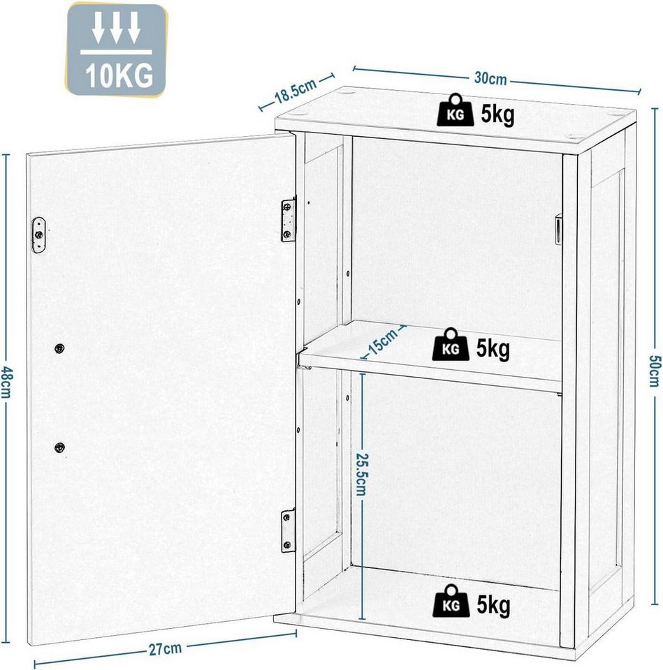 EUGAD Hängeschrank (1-St) mit Einer Tür, verstellbarem Einlegeboden – Bild 3 von 5