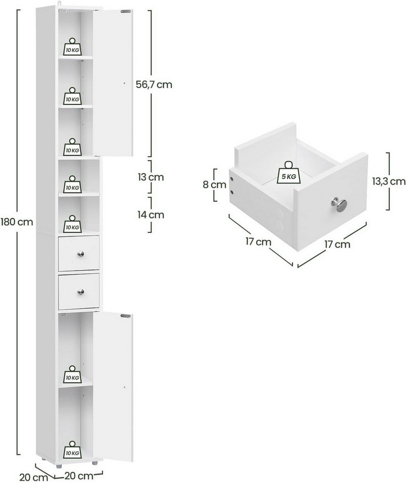 EUGAD Hochschrank (1-St) Badschrank, mit Schubladen, Fächern, Weiß, 20x180x20 cm – Bild 3 von 5
