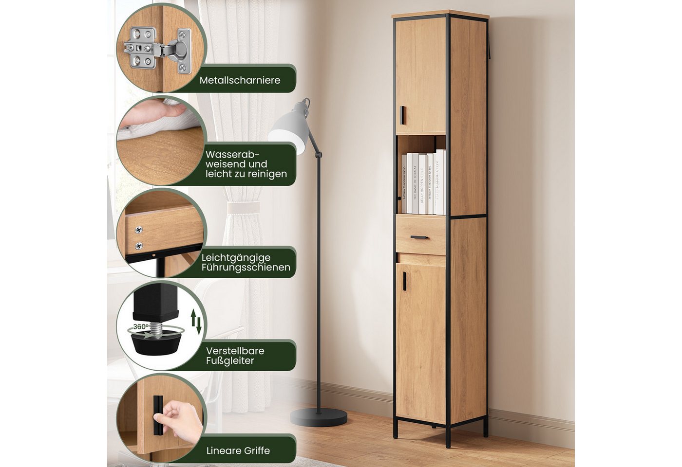 EUGAD Hochschrank (1-St) mit 5 Fächern 1 Schublade, natur, 30x180x30 cm – Bild 4 von 5