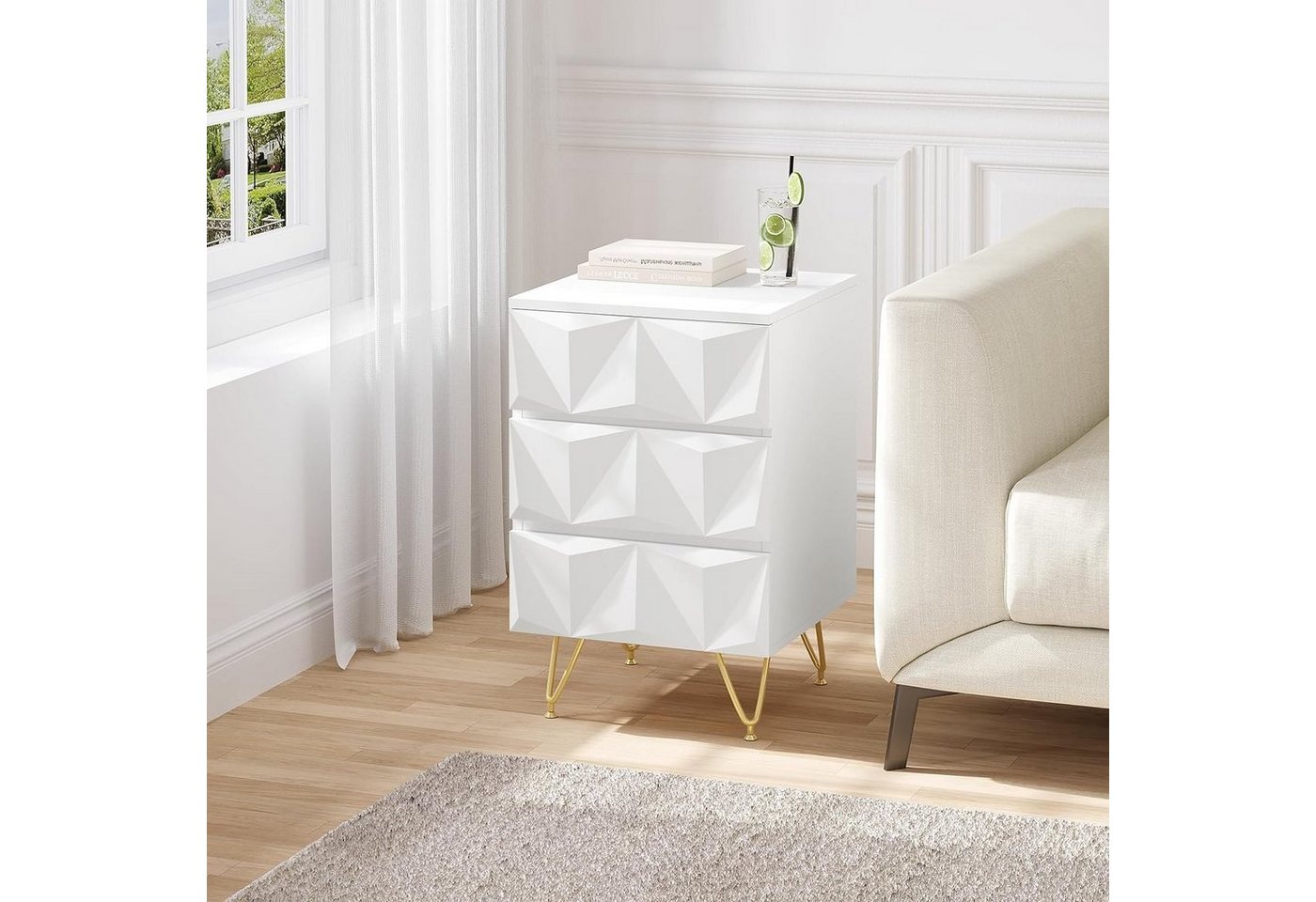 EUGAD Nachttisch (1-St), mit 3 Schubladen, 40x62,5x40 cm, Weiß + Gold – Bild 2 von 5