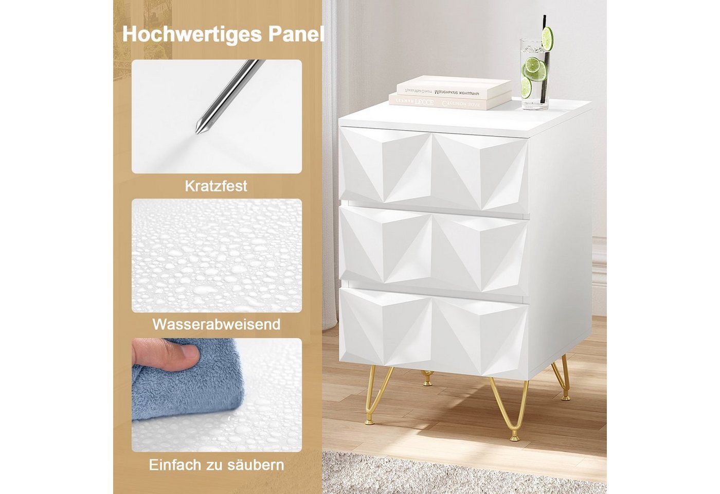 EUGAD Nachttisch (1-St), mit 3 Schubladen, 40x62,5x40 cm, Weiß + Gold – Bild 4 von 5