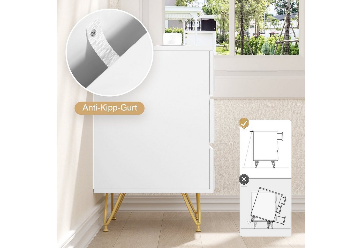 EUGAD Nachttisch (1-St), mit 3 Schubladen, 40x62,5x40 cm, Weiß + Gold – Bild 5 von 5