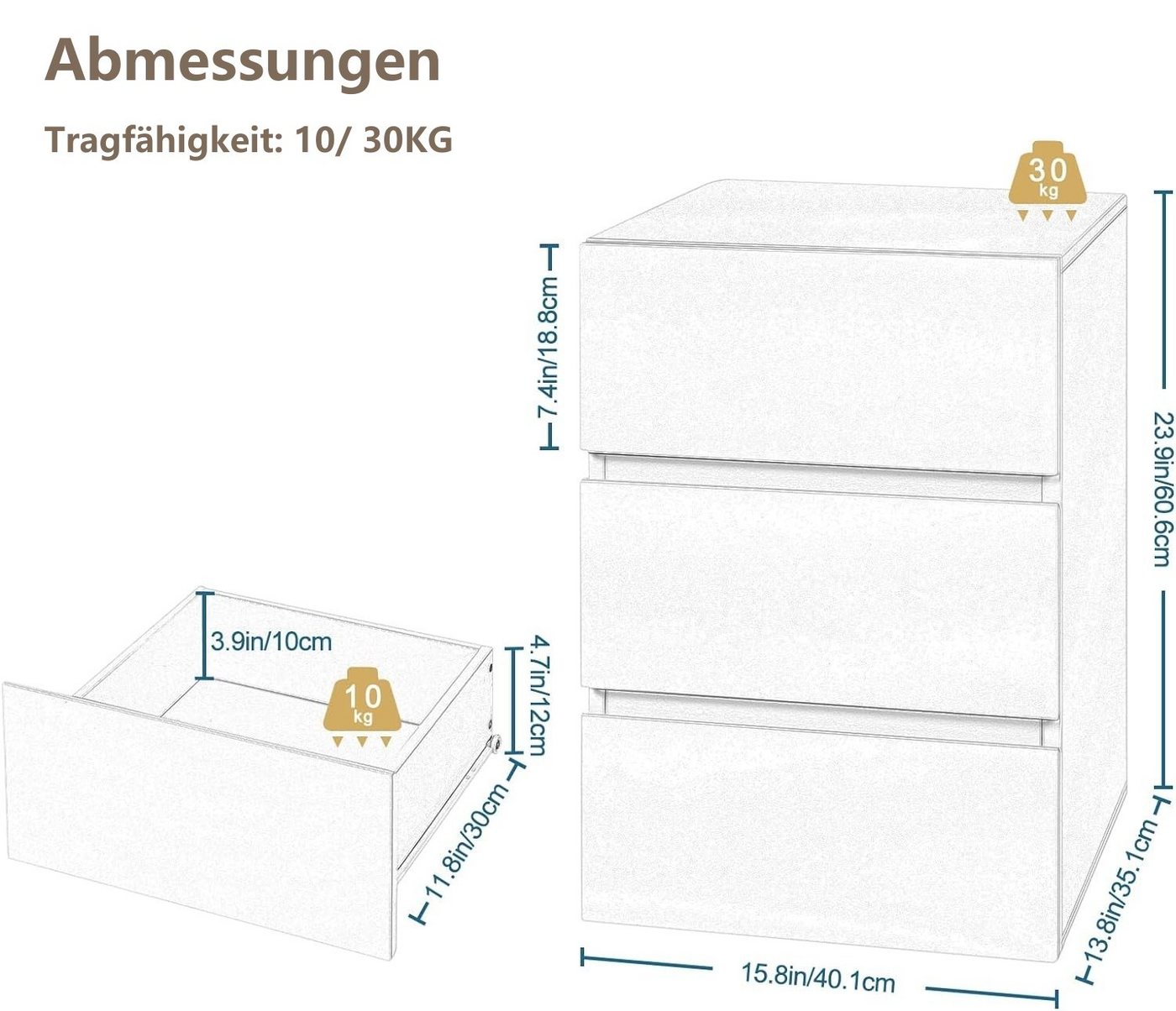 EUGAD Nachttisch (1-St), mit 3 Schubladen in Hochglanz,40x35x62cm – Bild 3 von 5