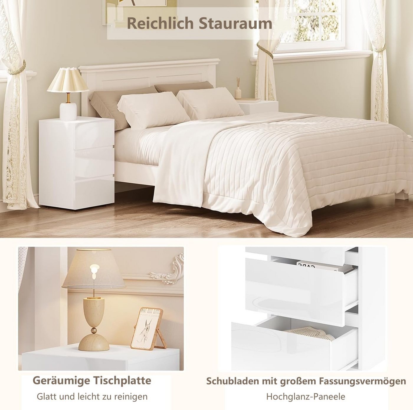 EUGAD Nachttisch (1-St), mit 3 Schubladen in Hochglanz,40x35x62cm – Bild 4 von 5