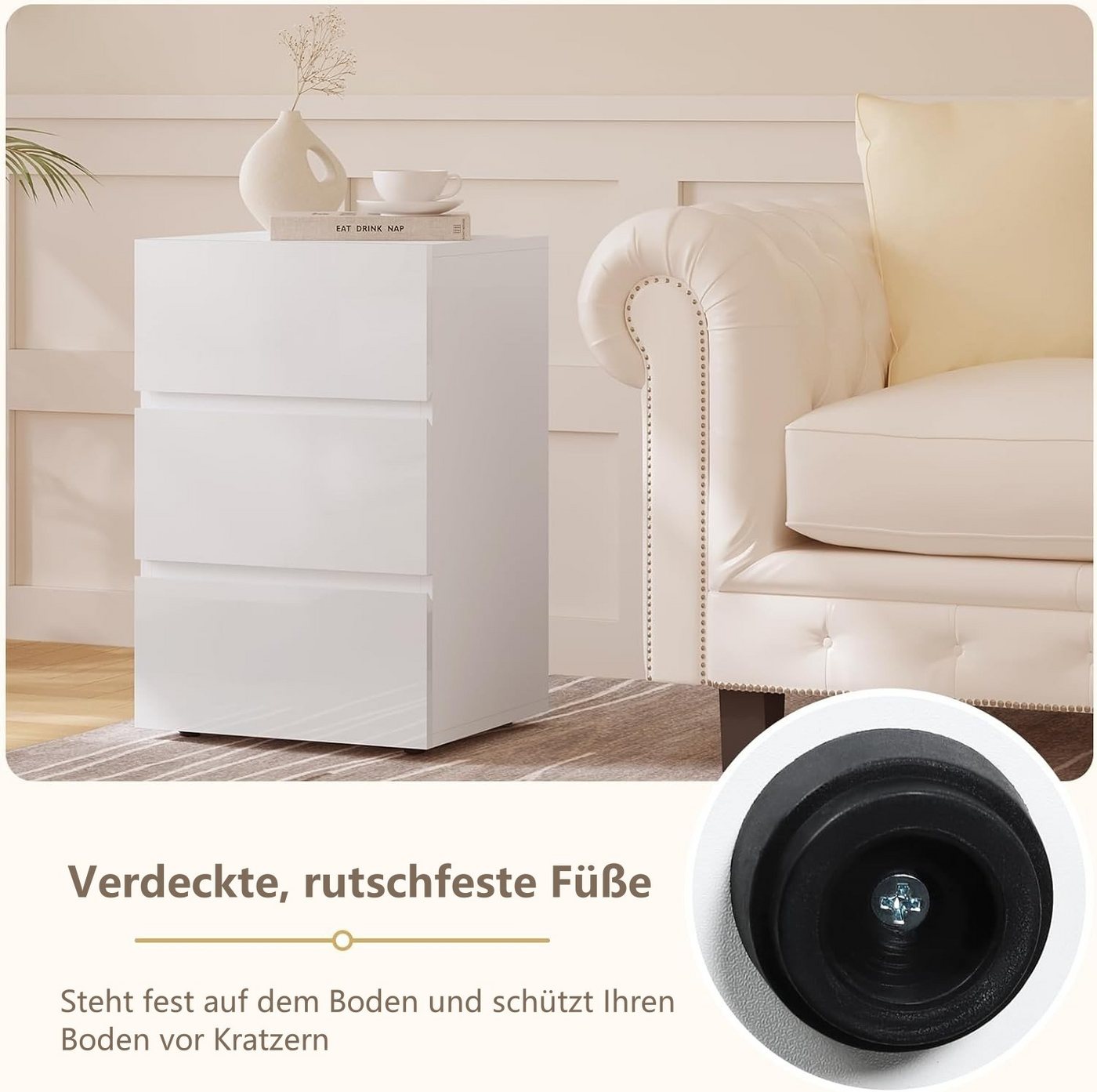 EUGAD Nachttisch (1-St), mit 3 Schubladen in Hochglanz,40x35x62cm – Bild 5 von 5
