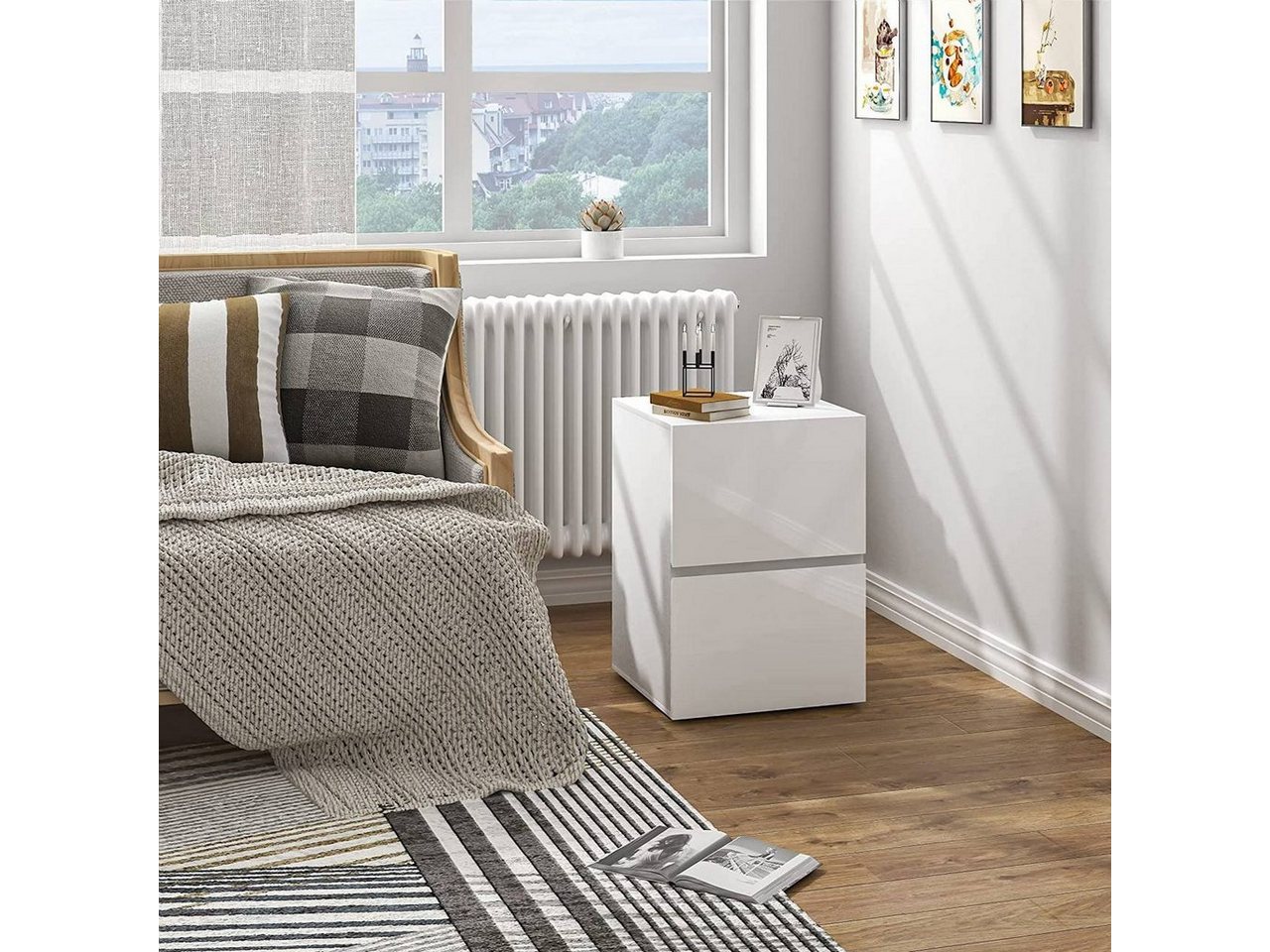 EUGAD Nachttisch (2-St), mit 2 Schubladen in Hochglanz, 40x58x40 cm weiß – Bild 2 von 5