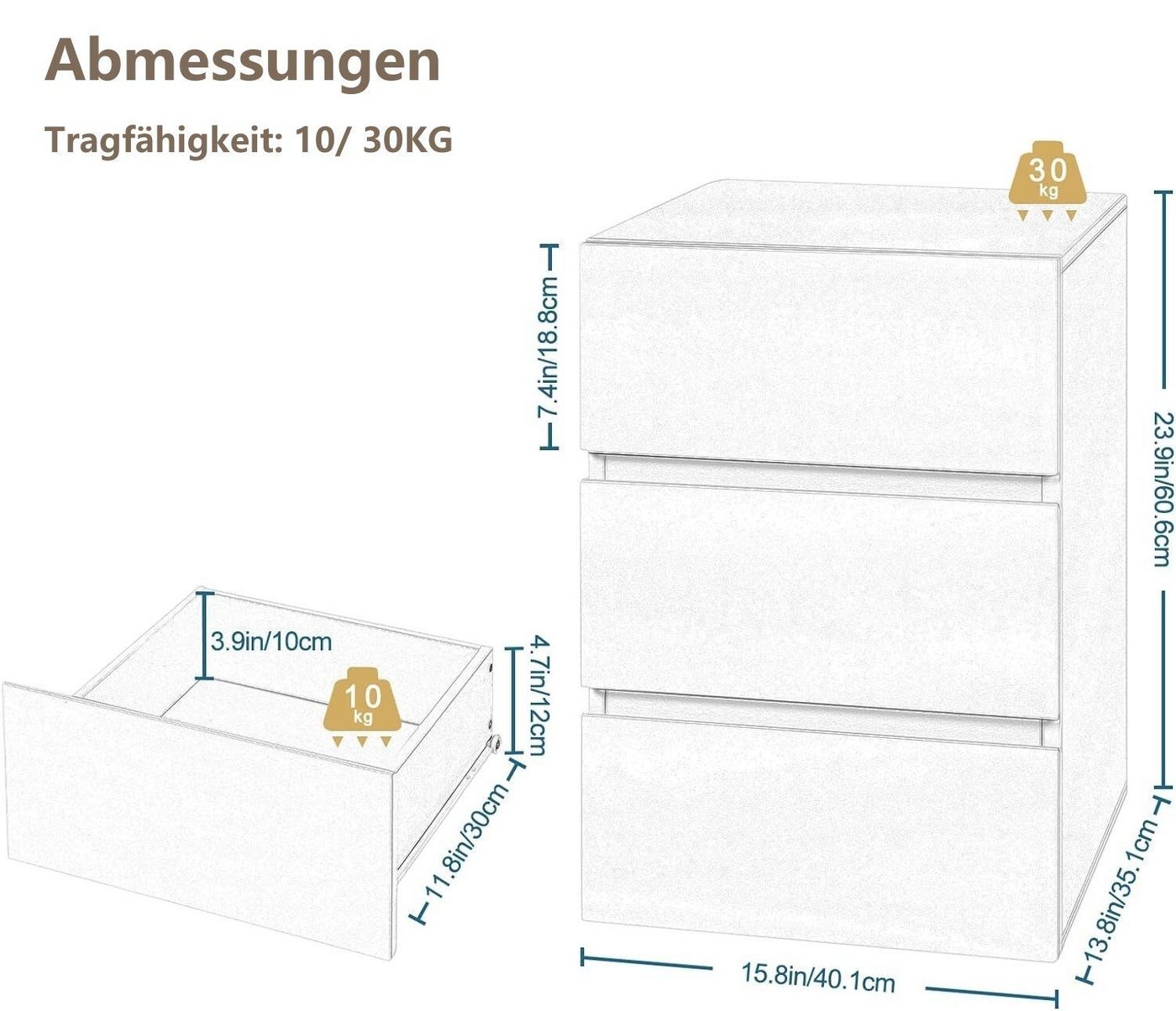 EUGAD Nachttisch (2-St), mit 3 Schubladen in Hochglanz,40x35x62cm – Bild 3 von 5