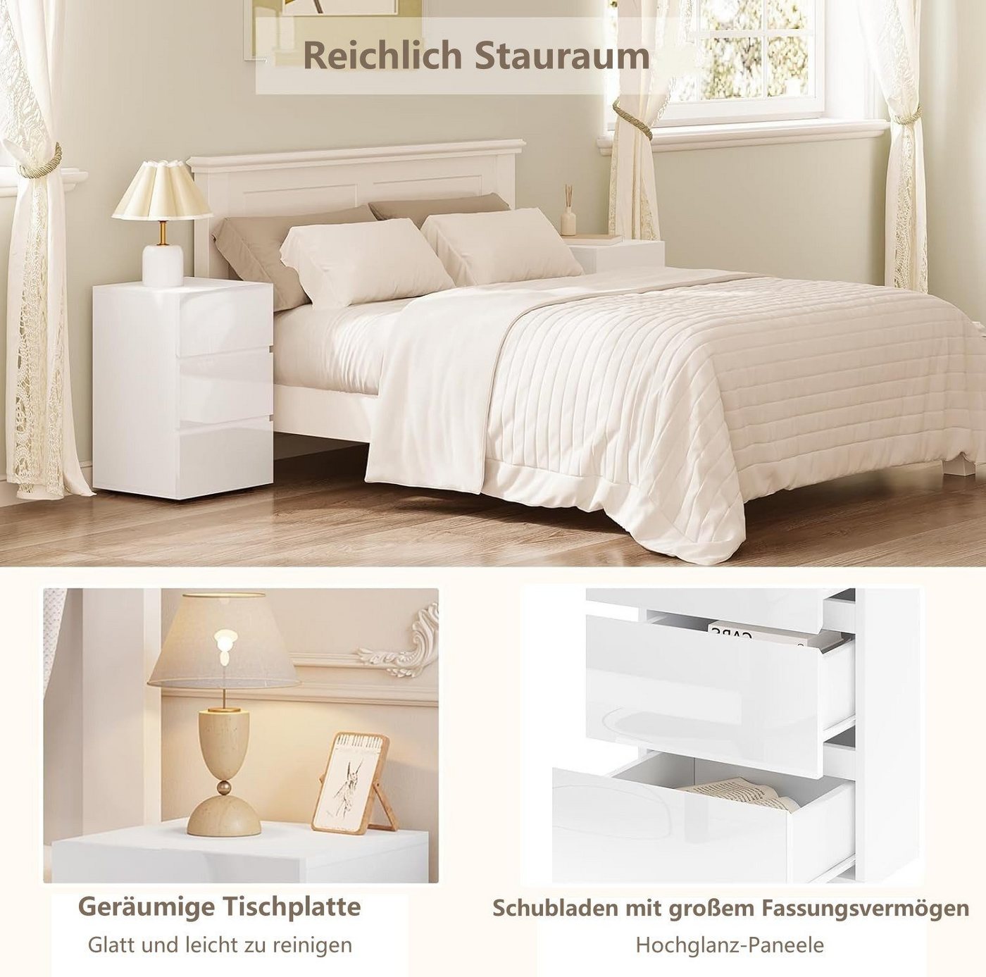 EUGAD Nachttisch (2-St), mit 3 Schubladen in Hochglanz,40x35x62cm – Bild 4 von 5