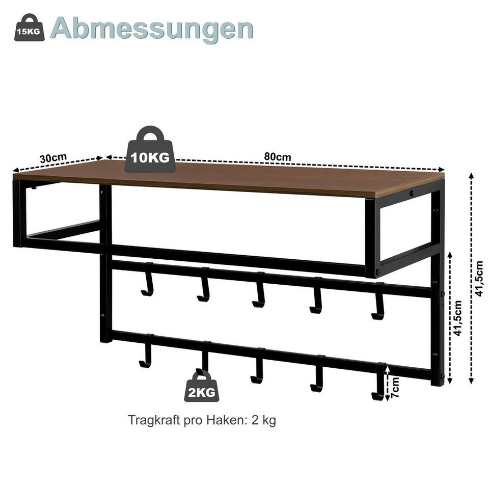 EUGAD Wandgarderobe (1 St), mit Ablage 10 Haken, 80x41x30 cm – Bild 3 von 5