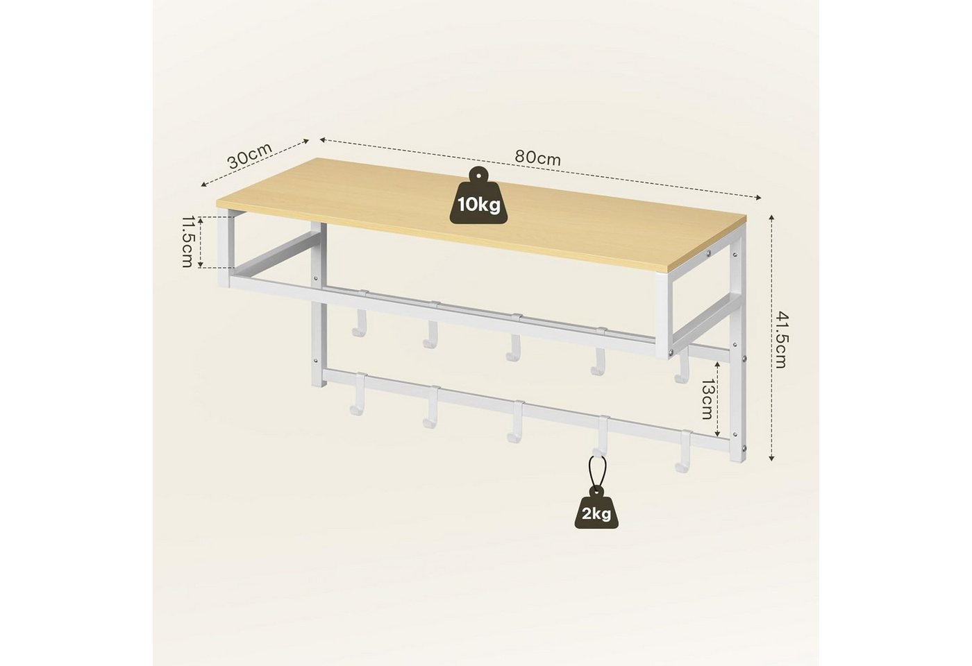 EUGAD Wandgarderobe (1 St), mit Ablage 10 Haken, 80x41x30 cm – Bild 2 von 5