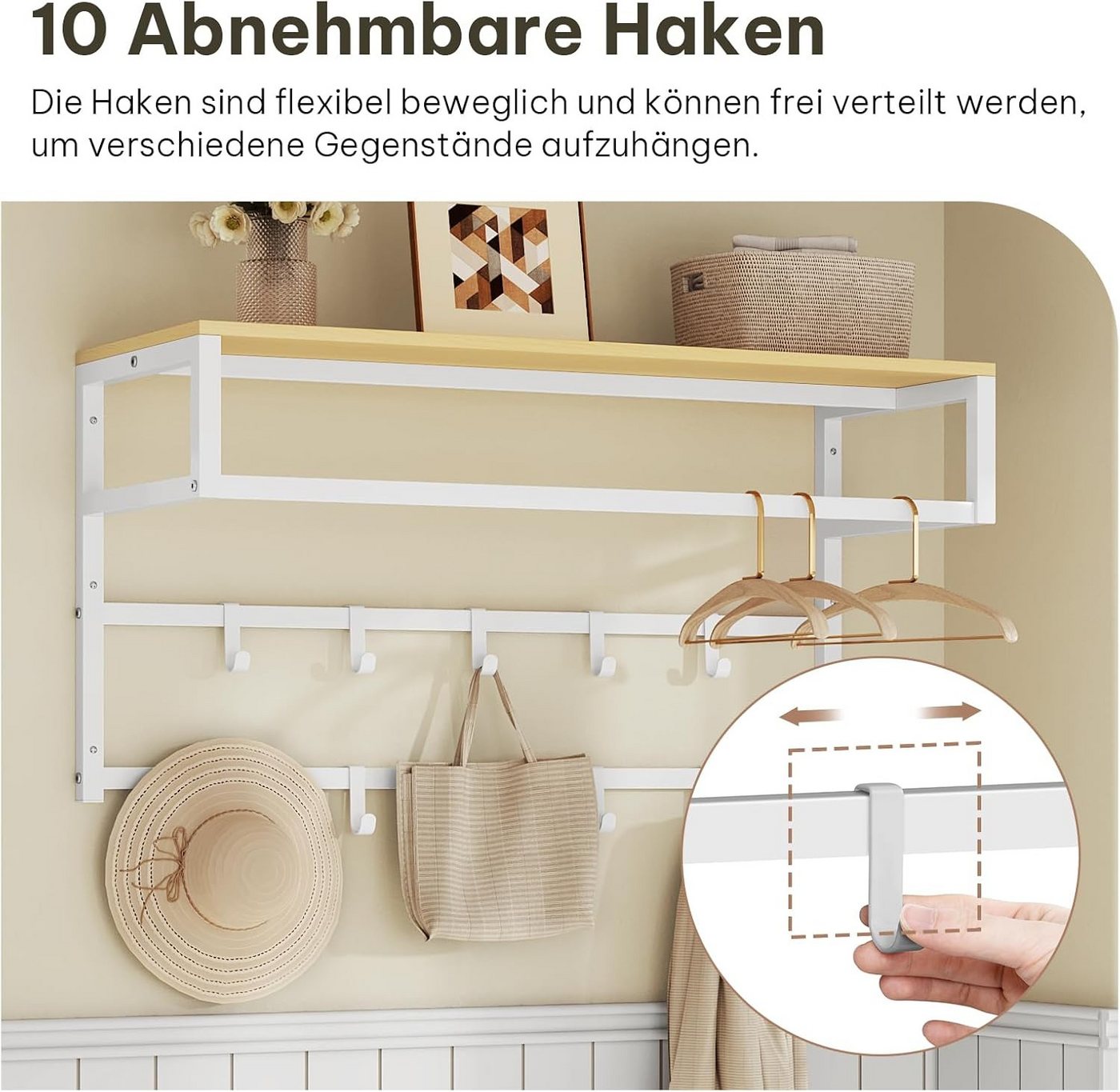 EUGAD Wandgarderobe (1 St), mit Ablage 10 Haken, 80x41x30 cm – Bild 4 von 5