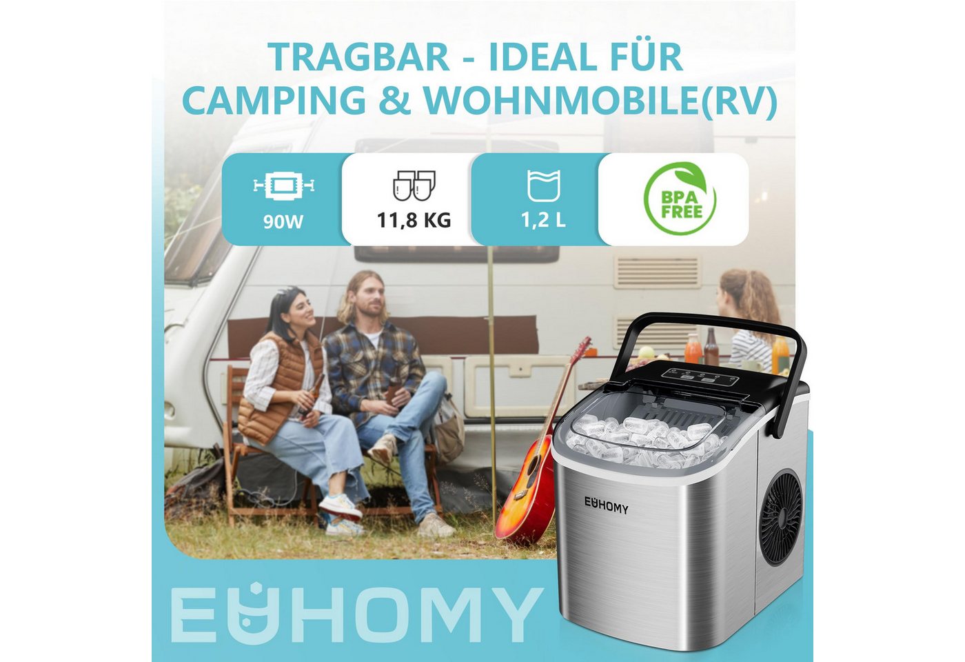 EUHOMY Eiswürfelmaschine Eiswürfelmaschine, 12 kg/24h, 2 Eisgrößen, selbstreinigend, kompakt, Leise, kompakt und schnell einsatzbereit fuer den taeglichen Eisbe – Bild 3 von 5