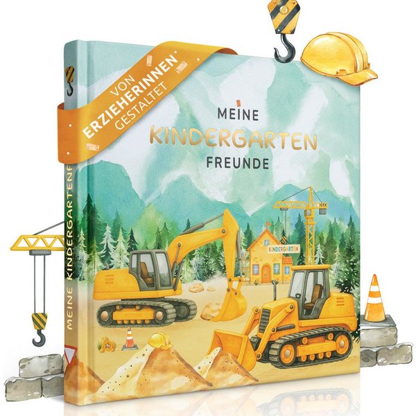 Eulentaler Freundebuch Kindergarten Baumaschinen & Bagger I Von Erzieherinnen gestaltet I + Goldprägung, Handgemalte Illustrationen I Kinderfreundliche Gestaltu