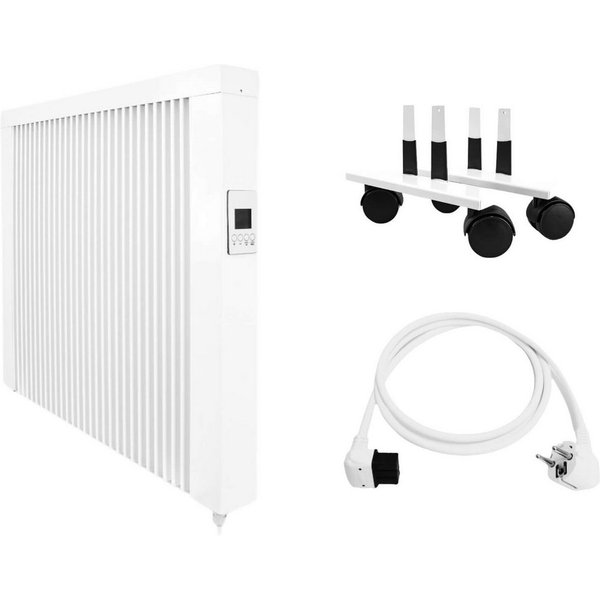 eVARMO Elektro-Heizkörper Bundle: Mobile Flächenspeicherheizung (Gerät/Laufrollen/Winkelstecker), Digitales Thermostat mit LCD-Display und 4 Knöpfen