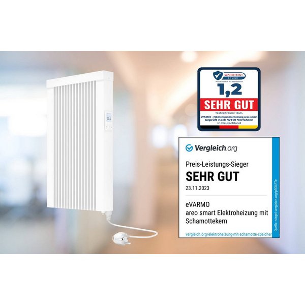 eVARMO Elektro-Heizkörper Flächenspeicherheizung areo smart, intelligente Elektroheizung, Digitales Thermostat mit LCD-Display und 4 Knöpfen