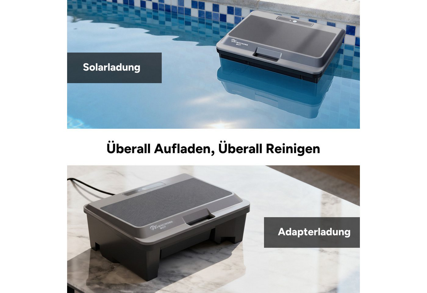 EVERCROSS BOT Poolroboter Y9T Pool Skimmer, intelligente Pfadplanung, Tasten & App-Bedienung, (automatisches Andocken, Tasten & App-Bedienung, max 140), Solarau – Bild 3 von 5